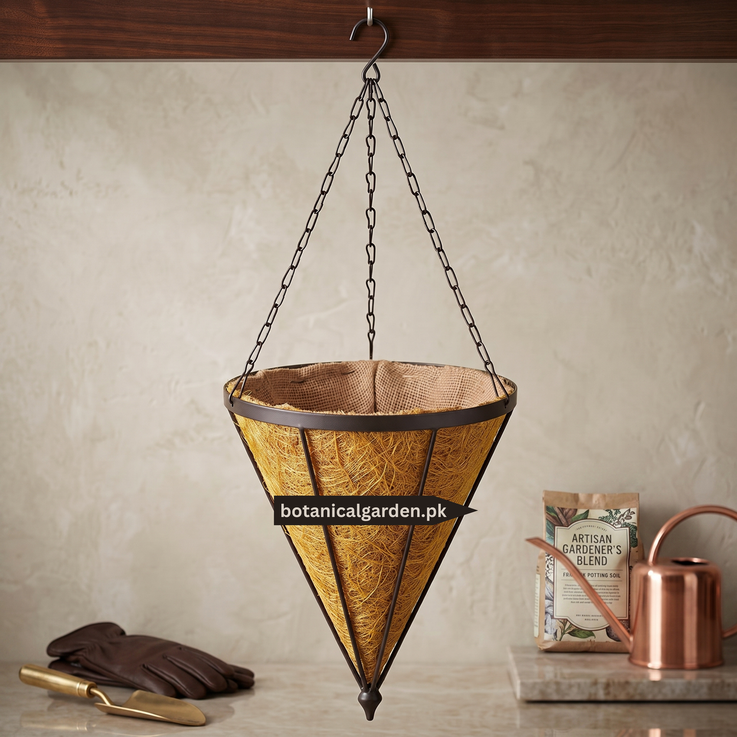 Metal Cone Hanging Planter with Coco Coir Liner & Chain