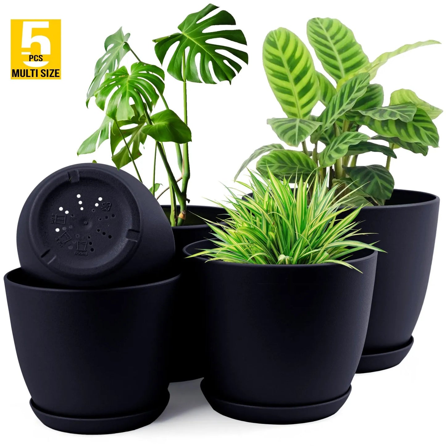 Premium 5-Piece Multi-Size Plastic Planter Pot Set with Saucers Drainage & Saucers