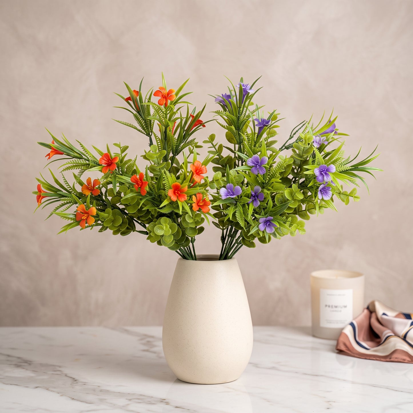 Artificial Orange & Purple Bloom Eucalyptus Bush