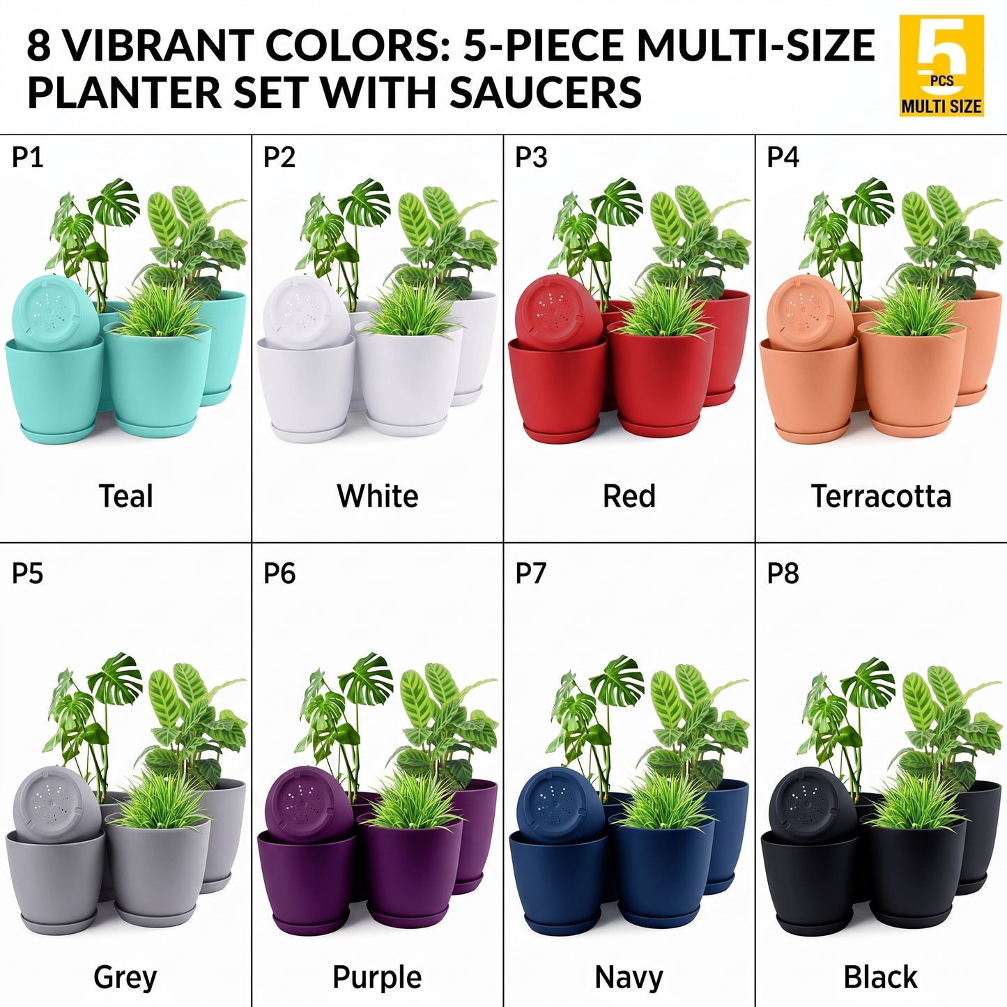 Premium 5-Piece Multi-Size Plastic Planter Pot Set with Saucers Drainage & Saucers