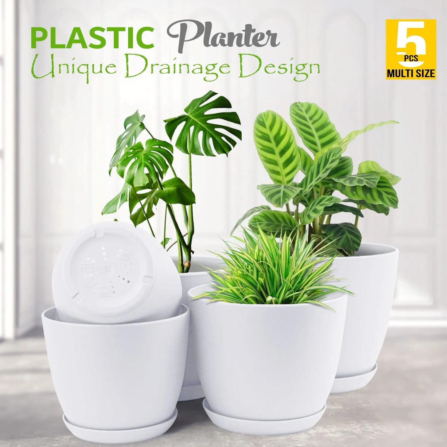 Premium 5-Piece Multi-Size Plastic Planter Pot Set with Saucers Drainage & Saucers