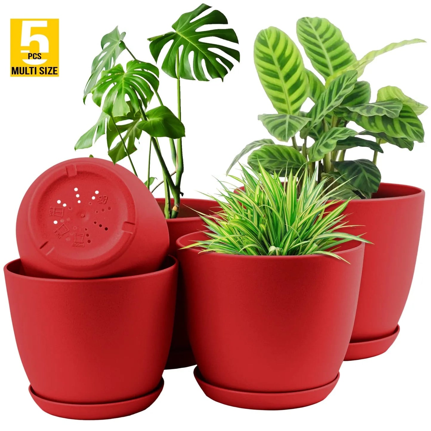 Premium 5-Piece Multi-Size Plastic Planter Pot Set with Saucers Drainage & Saucers