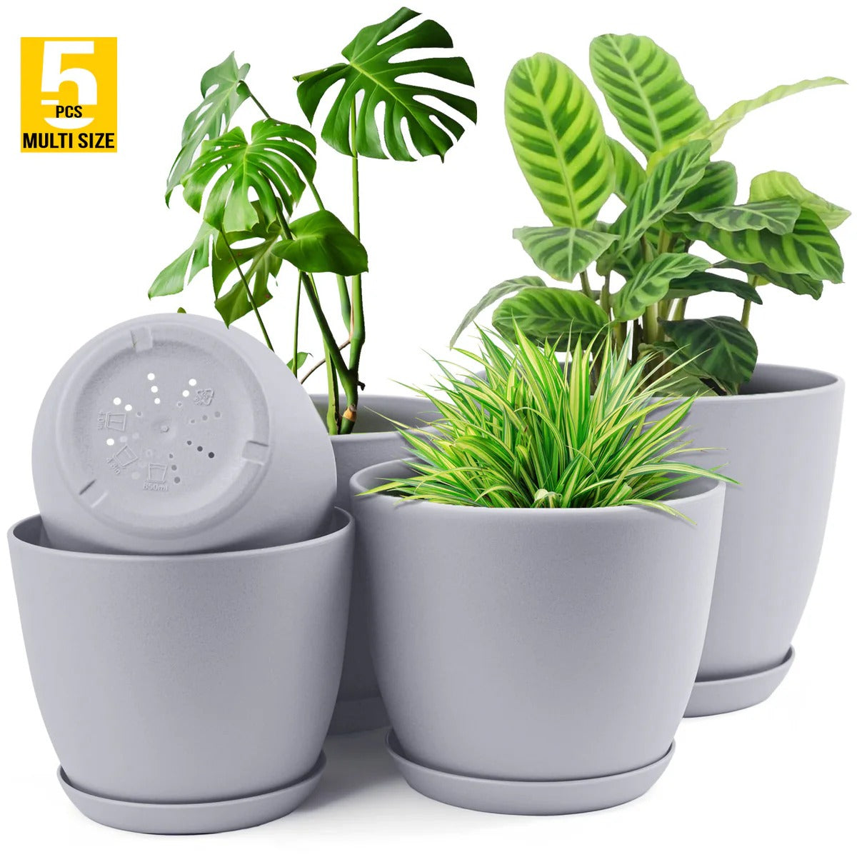 Premium 5-Piece Multi-Size Plastic Planter Pot Set with Saucers Drainage & Saucers