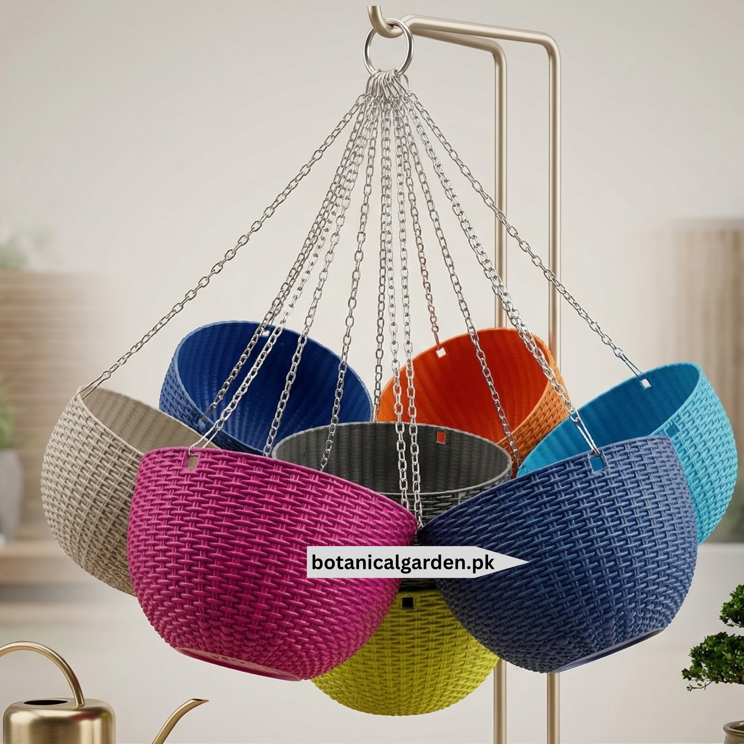 Rattan Pattern Hanging Basket With Steel Chain